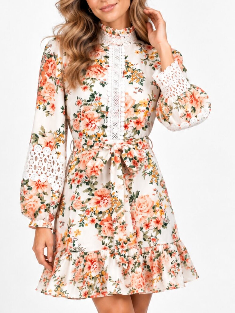 EILLY BAZAR Floral Long Sleeve Ruffle Lace Belted Dress Ivory Small